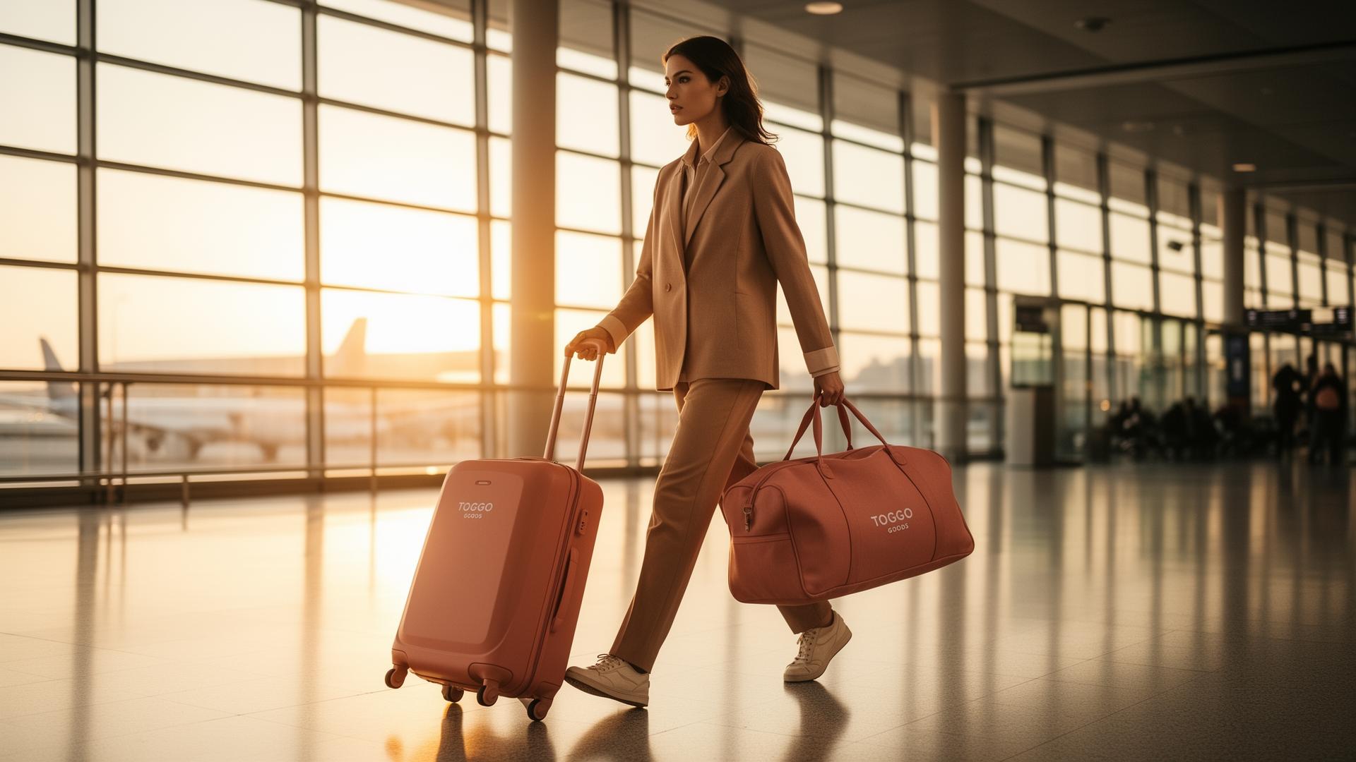 Traveler with TOGGO expandable luggage in a sunlit airport